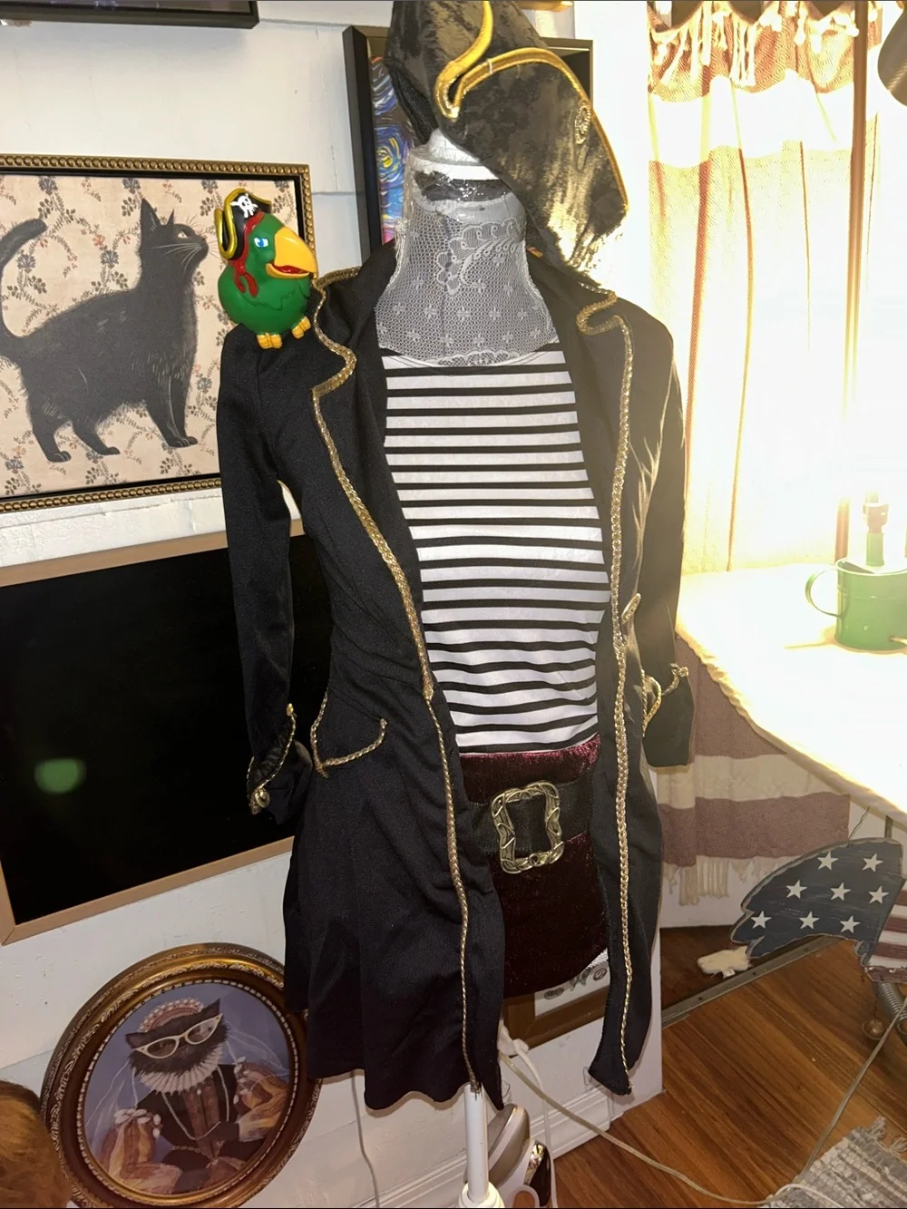 Kids Black Pirate Costume Coat with Gold Trim and Striped Shirt